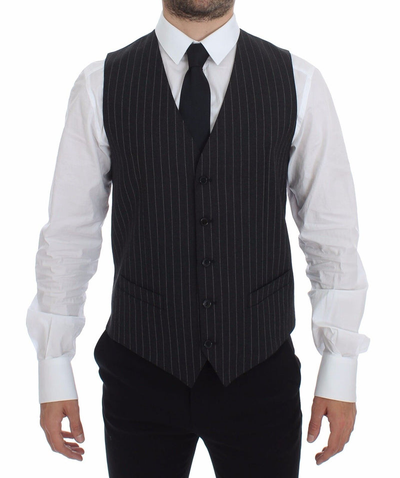 Gray Striped Wool Logo Vest Gilet Weste-Dolce & Gabbana-LabelTerrace.com