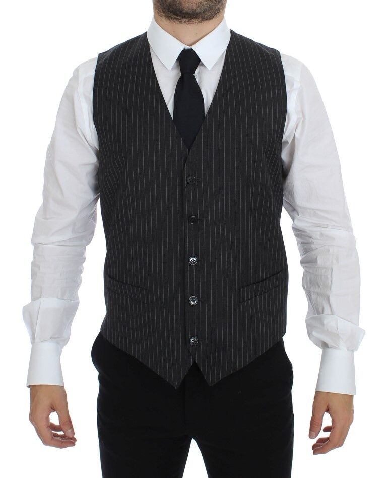Gray Striped Wool Single Breasted Vest-Dolce & Gabbana-LabelTerrace.com