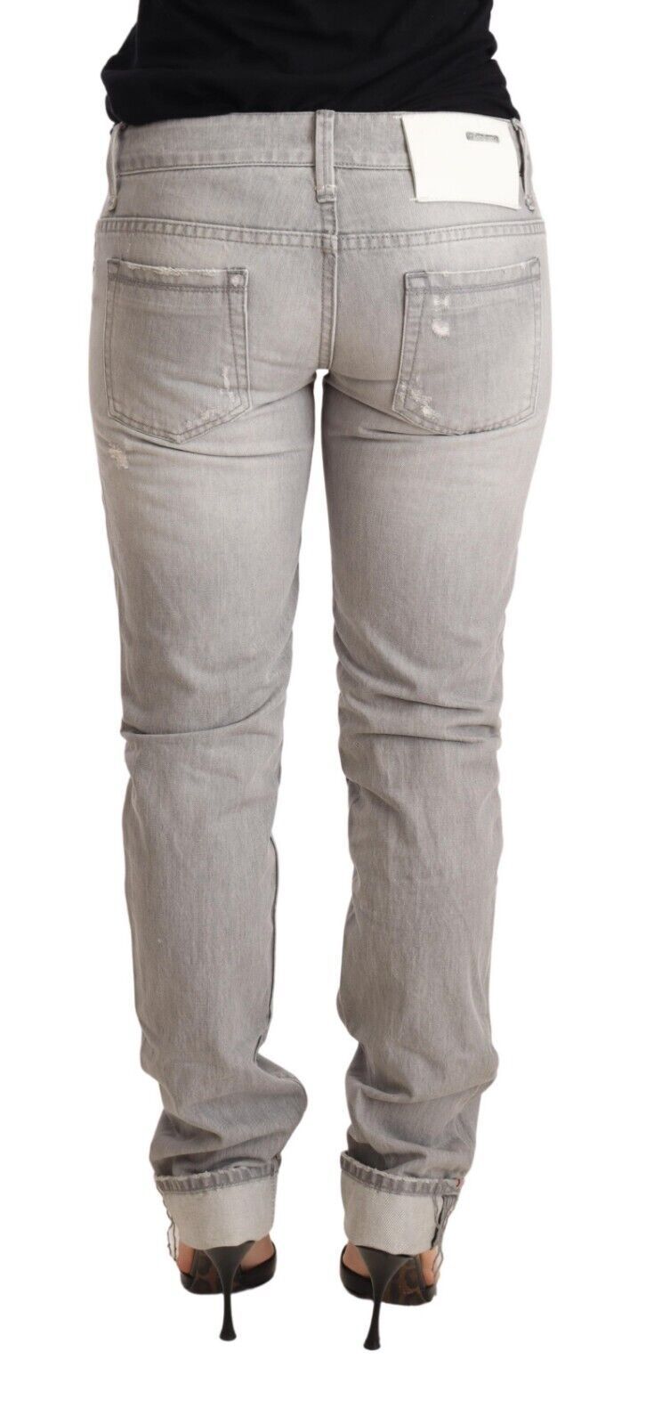 Gray Tattered Cotton Slim Fit Folded Hem Women Denim Jeans-Acht-LabelTerrace.com