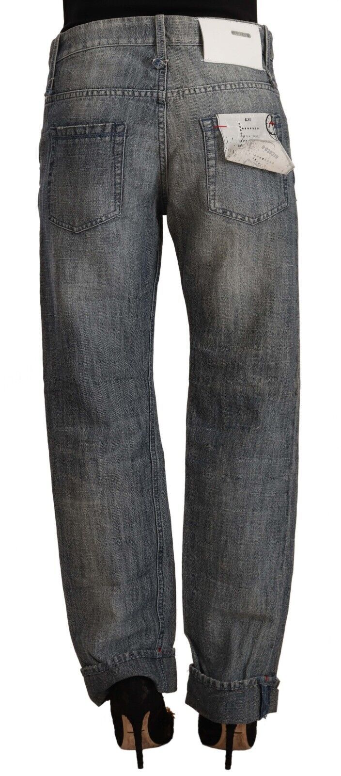 Gray Washed Mid Waist Straight Denim Folded Hem Jeans-Acht-LabelTerrace.com