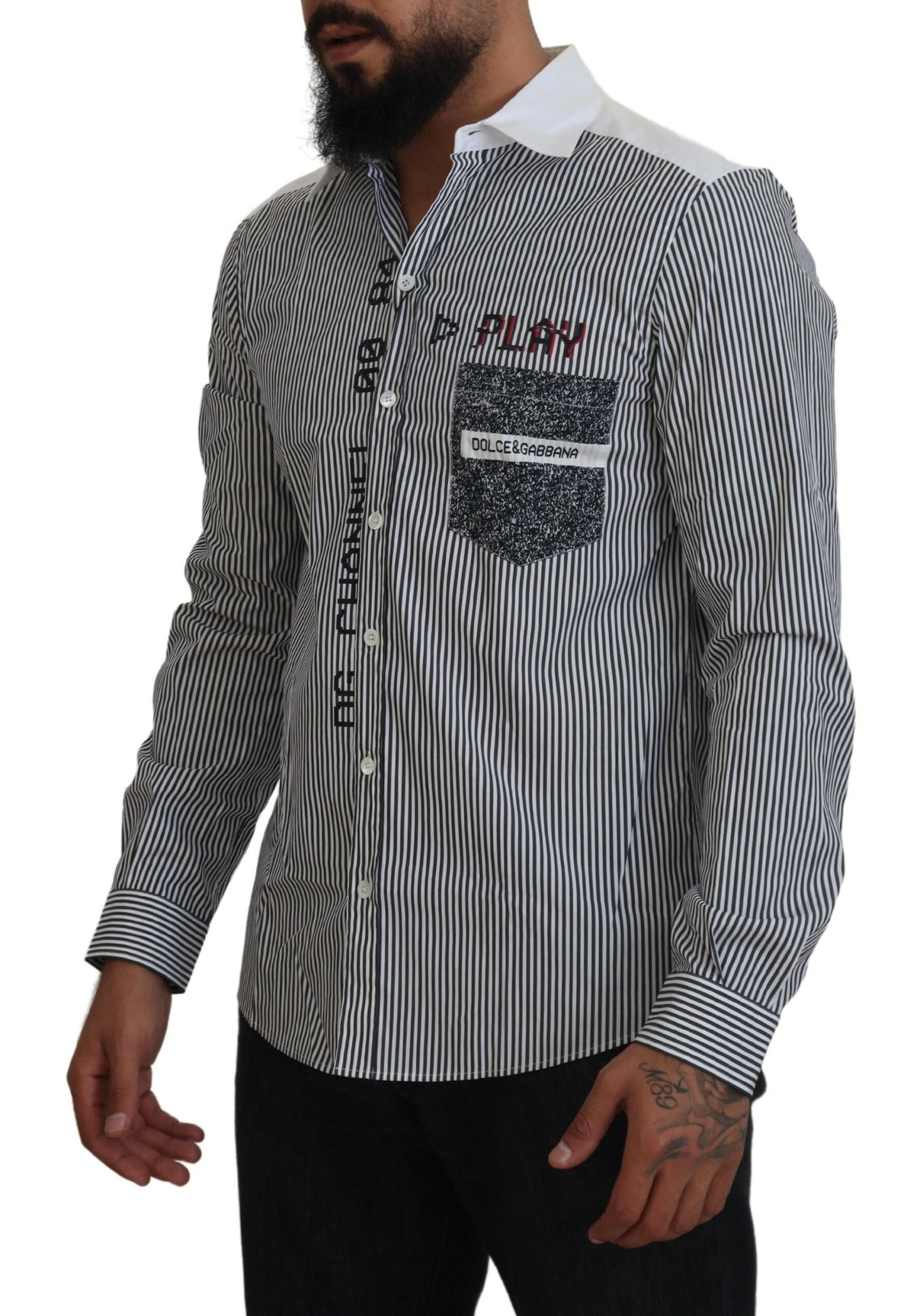Gray White Striped Slim Fit Shirt-Dolce & Gabbana-LabelTerrace.com