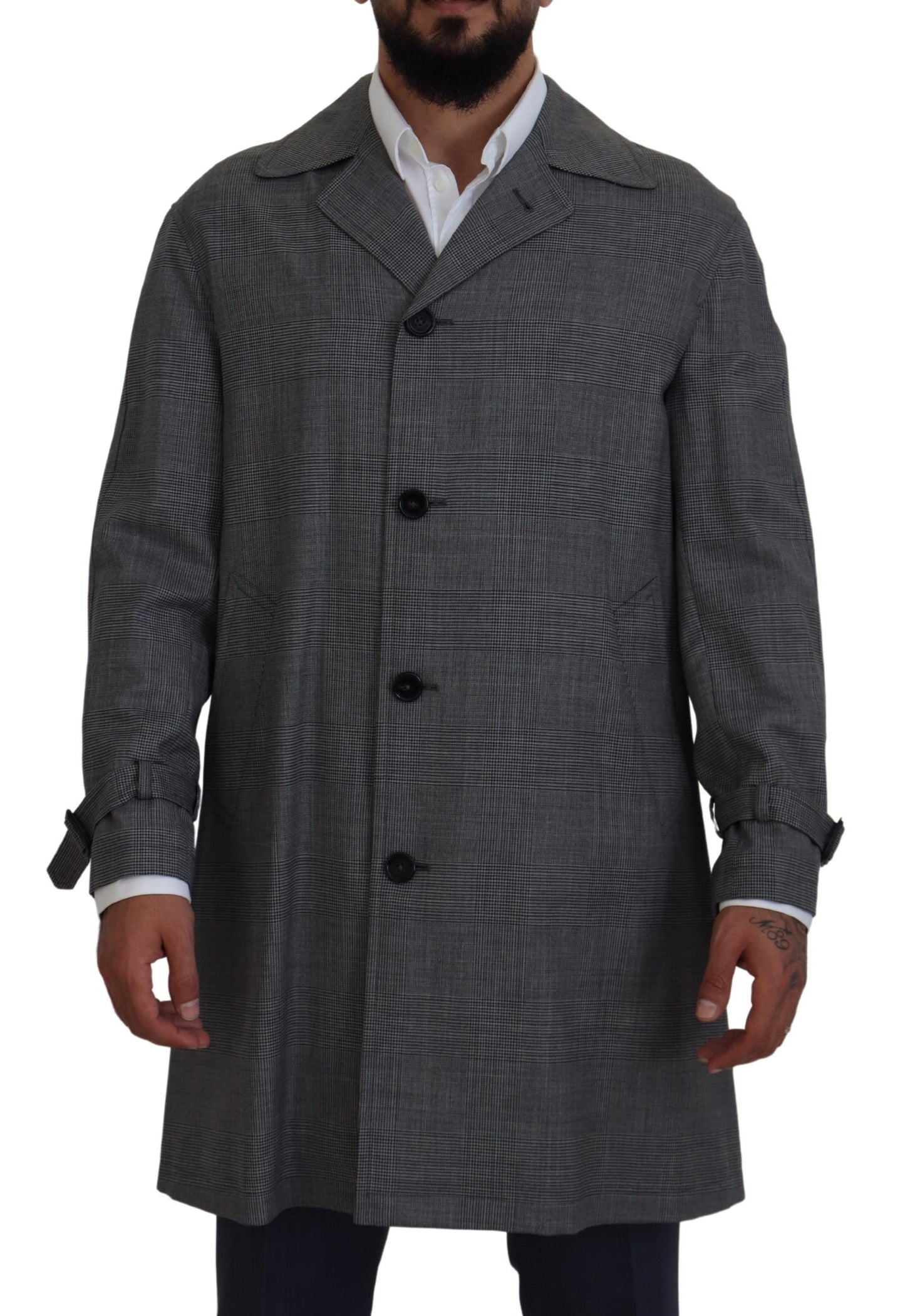 Gray Wool Plaid Long Trench Coat Jacket Trench Coat Jacket-Dolce & Gabbana-LabelTerrace.com