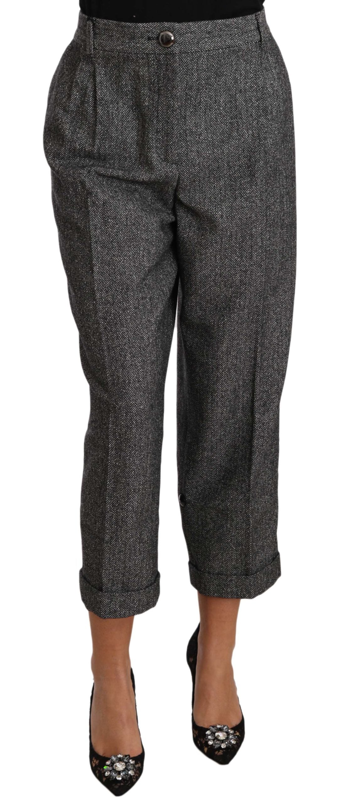 Gray Wool Pleated Cropped Trouser Pants-Dolce & Gabbana-LabelTerrace.com