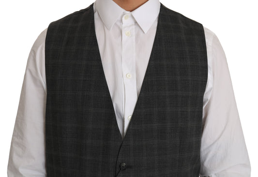 Gray Wool STAFF Checkered Stretch Vest-Dolce & Gabbana-LabelTerrace.com