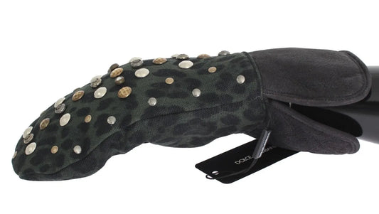 Gray Wool Shearling Studded Green Leopard Gloves-Dolce & Gabbana-LabelTerrace.com