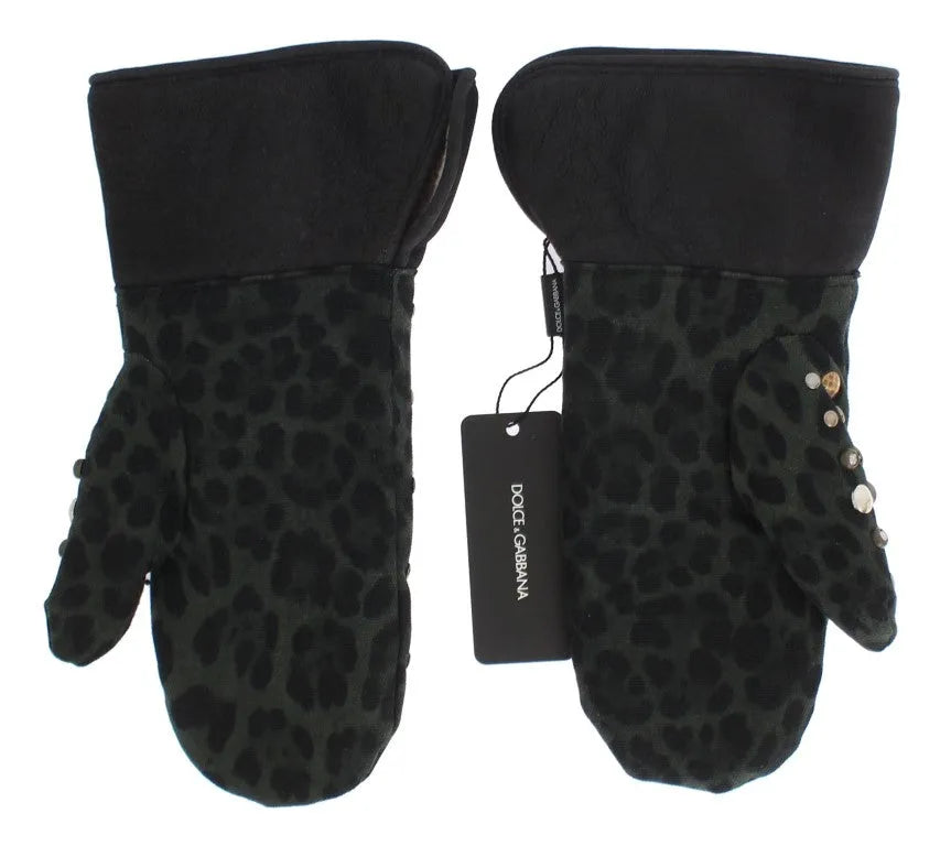 Gray Wool Shearling Studded Green Leopard Gloves-Dolce & Gabbana-LabelTerrace.com