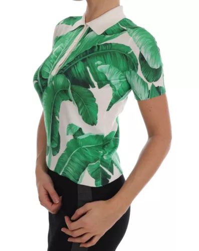 Green Banana Print Silk Polo T-shirt-Dolce & Gabbana-LabelTerrace.com