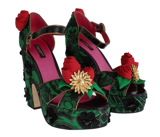Green Brocade Snakeskin Roses Crystal Shoes-Dolce & Gabbana-LabelTerrace.com