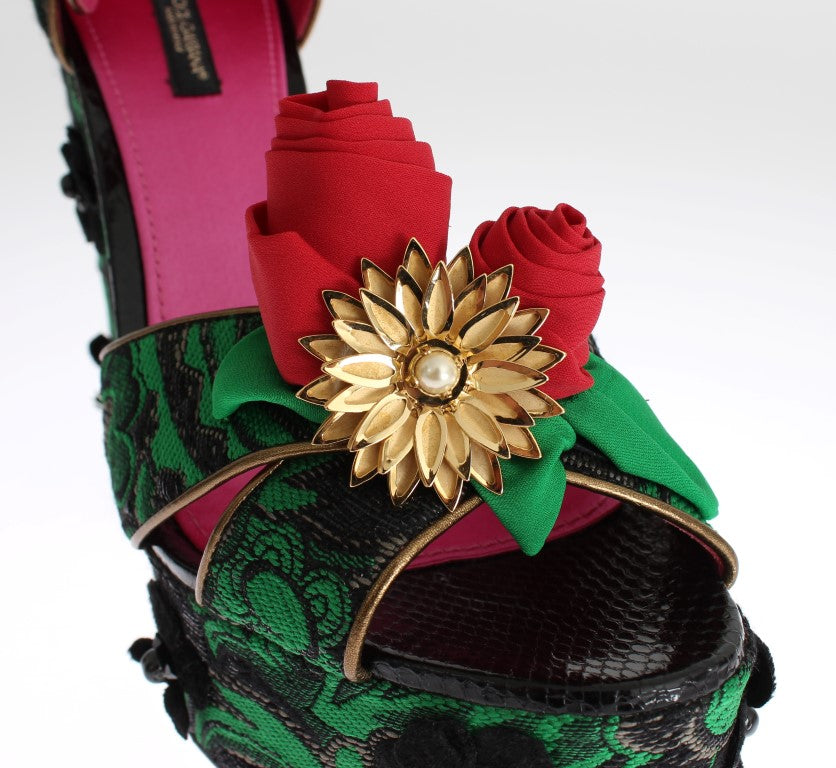 Green Brocade Snakeskin Roses Crystal Shoes-Dolce & Gabbana-LabelTerrace.com
