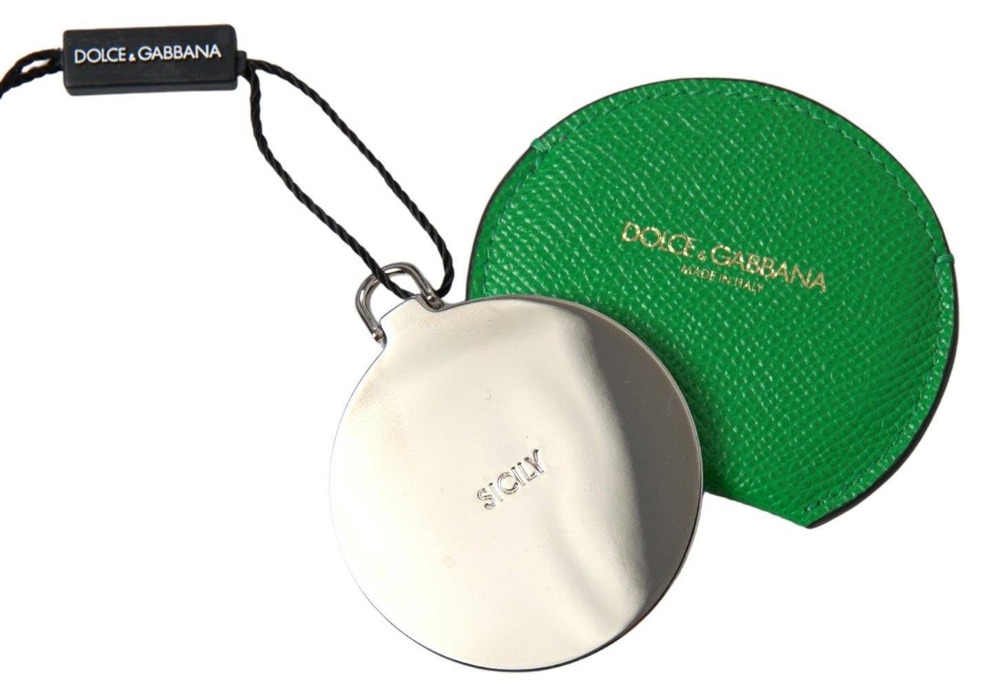 Green Calfskin Leather Round Logo Hand Mirror Holder-Dolce & Gabbana-LabelTerrace.com