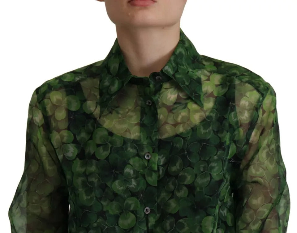 Green Clover Print Long Sleeves Collared Top Blouse-Dolce & Gabbana-LabelTerrace.com