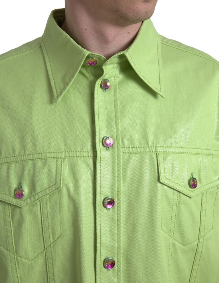 Green Cotton Collared Button Down Shirt-Dolce & Gabbana-LabelTerrace.com
