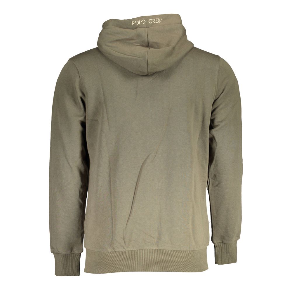 Green Cotton Men Sweater with Hood and Zip Pockets