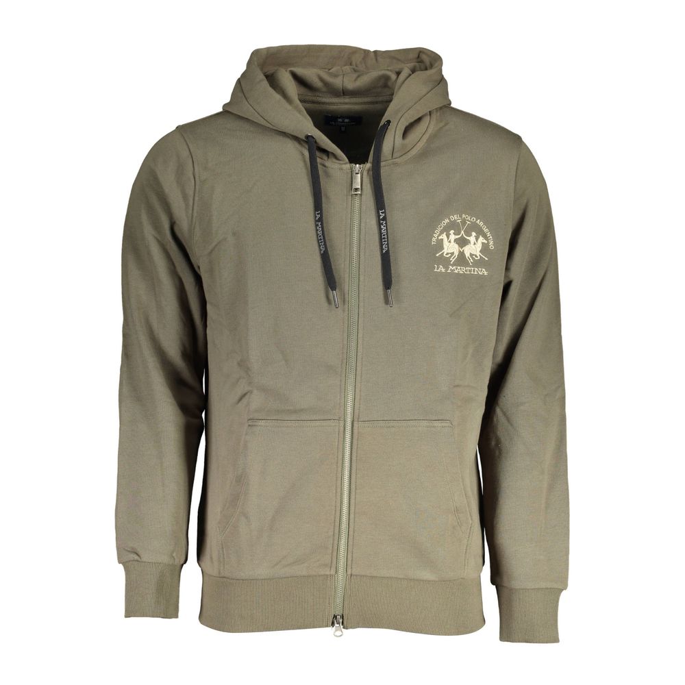 Green Cotton Men Sweater with Hood and Zip Pockets