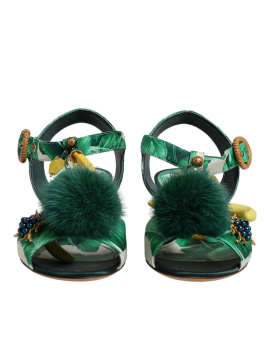 Green Crystal Fur Embellished Sandals Shoes-Dolce & Gabbana-LabelTerrace.com