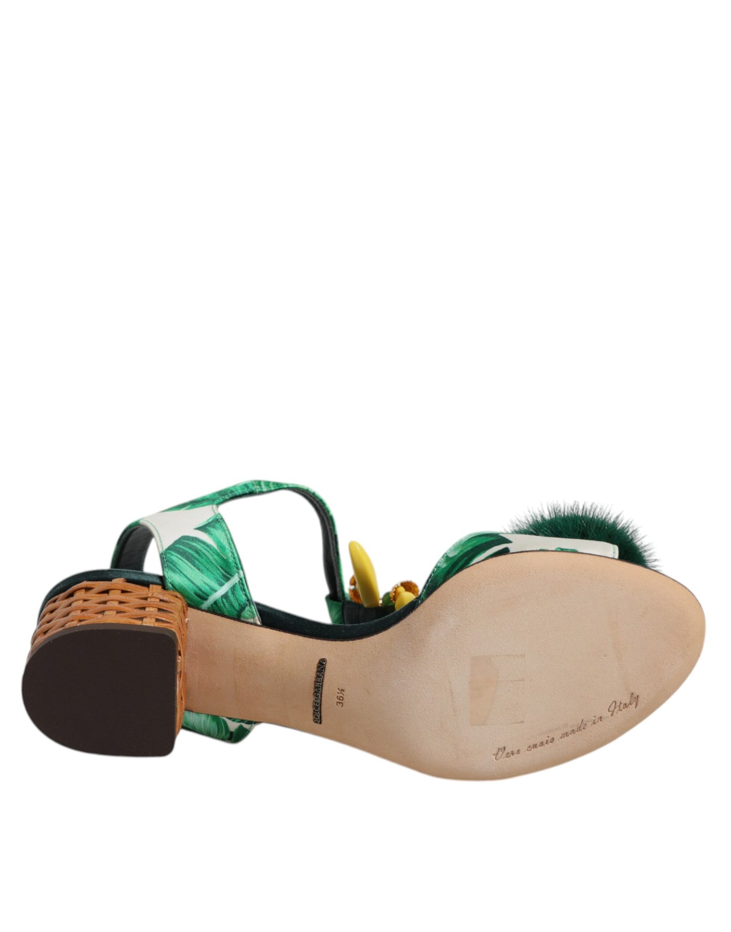 Green Crystal Fur Embellished Sandals Shoes-Dolce & Gabbana-LabelTerrace.com