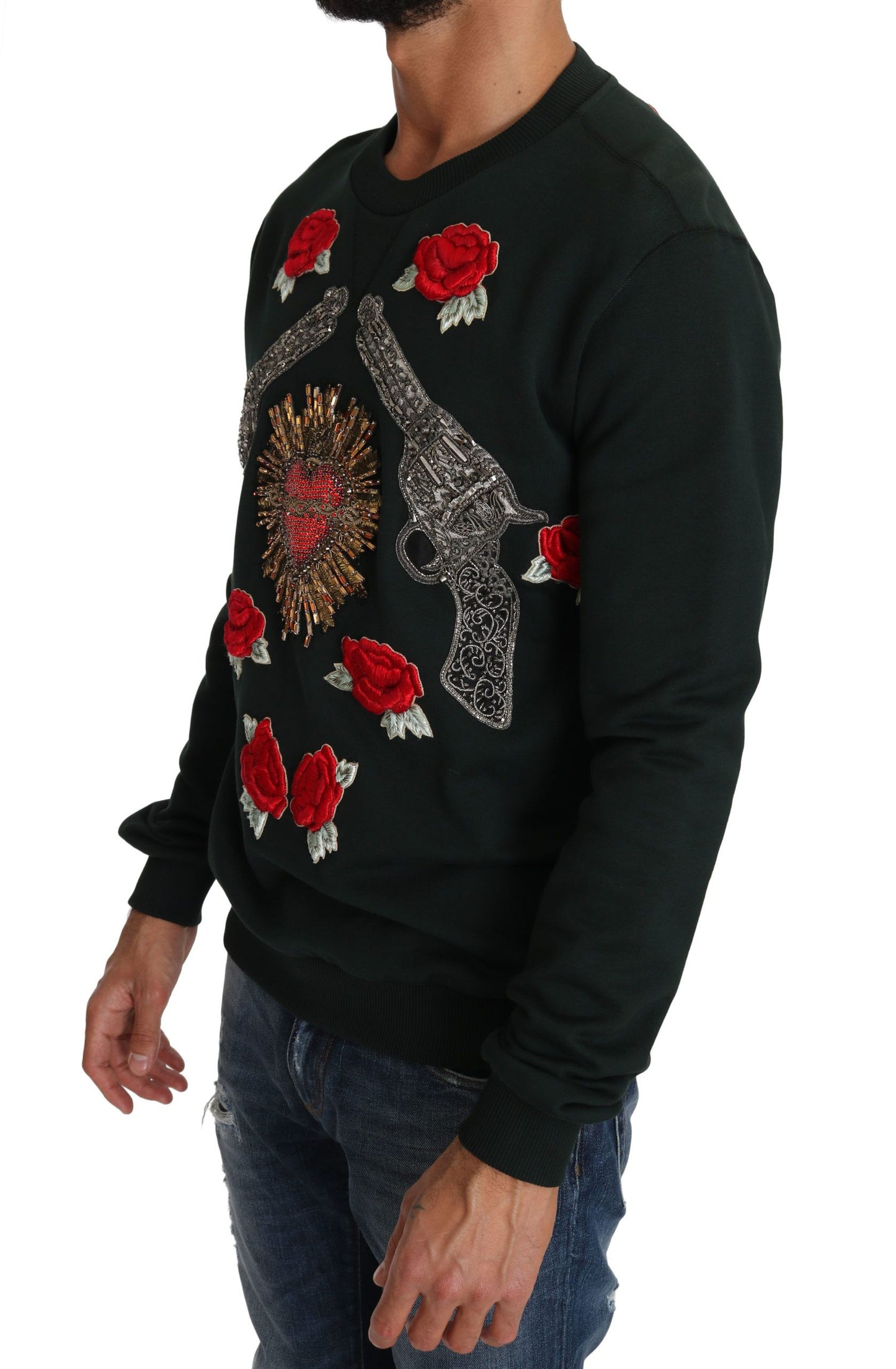 Green Crystal Heart Roses Gun Sweater-Dolce & Gabbana-LabelTerrace.com