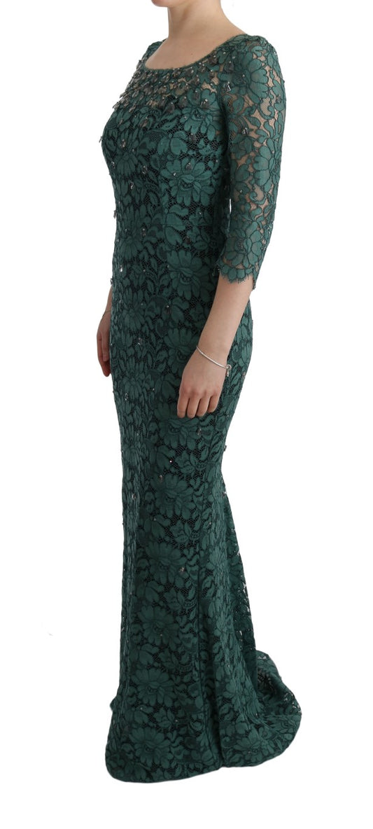 Green Floral Crystal Ricamo Sheath Dress-Dolce & Gabbana-LabelTerrace.com