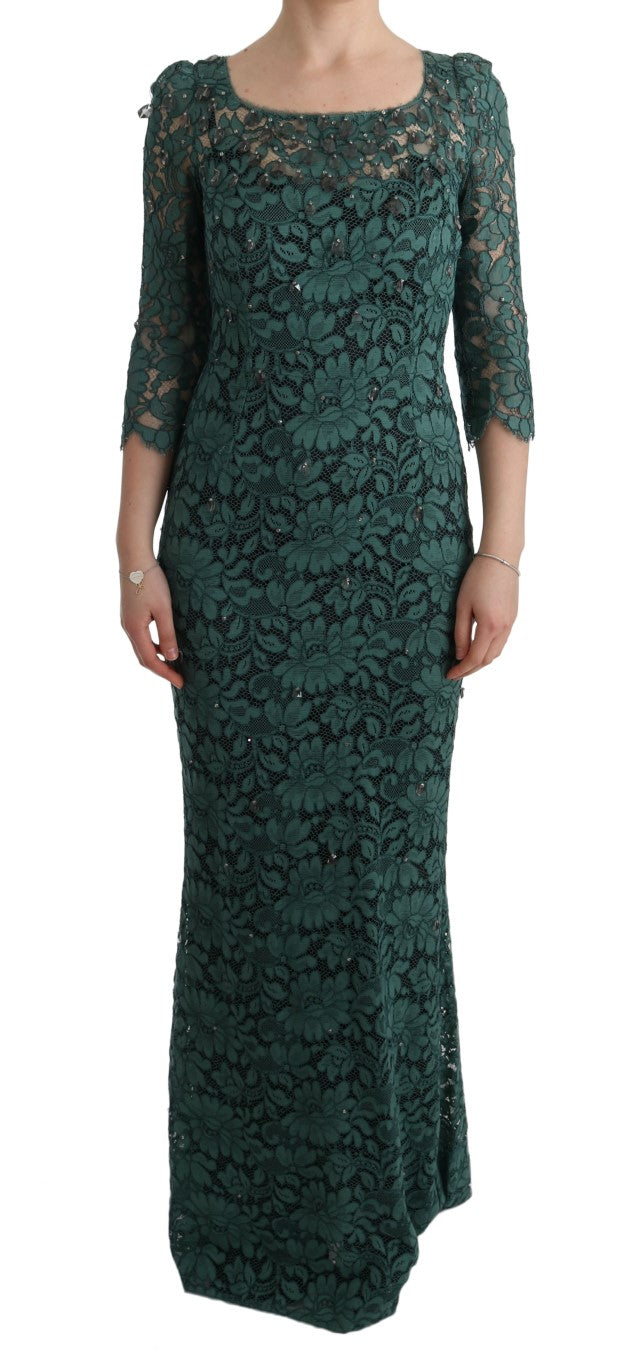 Green Floral Crystal Ricamo Sheath Dress-Dolce & Gabbana-LabelTerrace.com