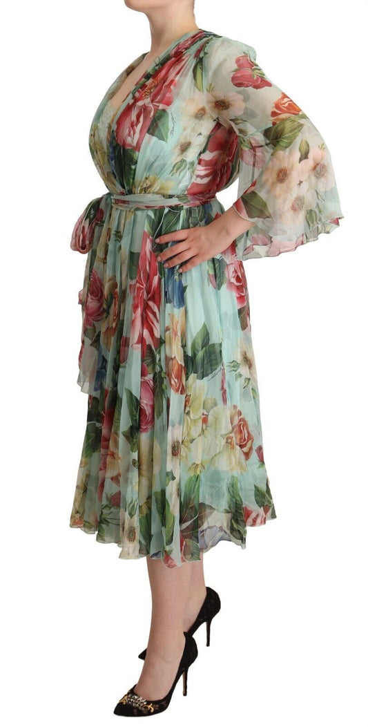Green Floral Long Sleeves V-neck Midi Dress-Dolce & Gabbana-LabelTerrace.com