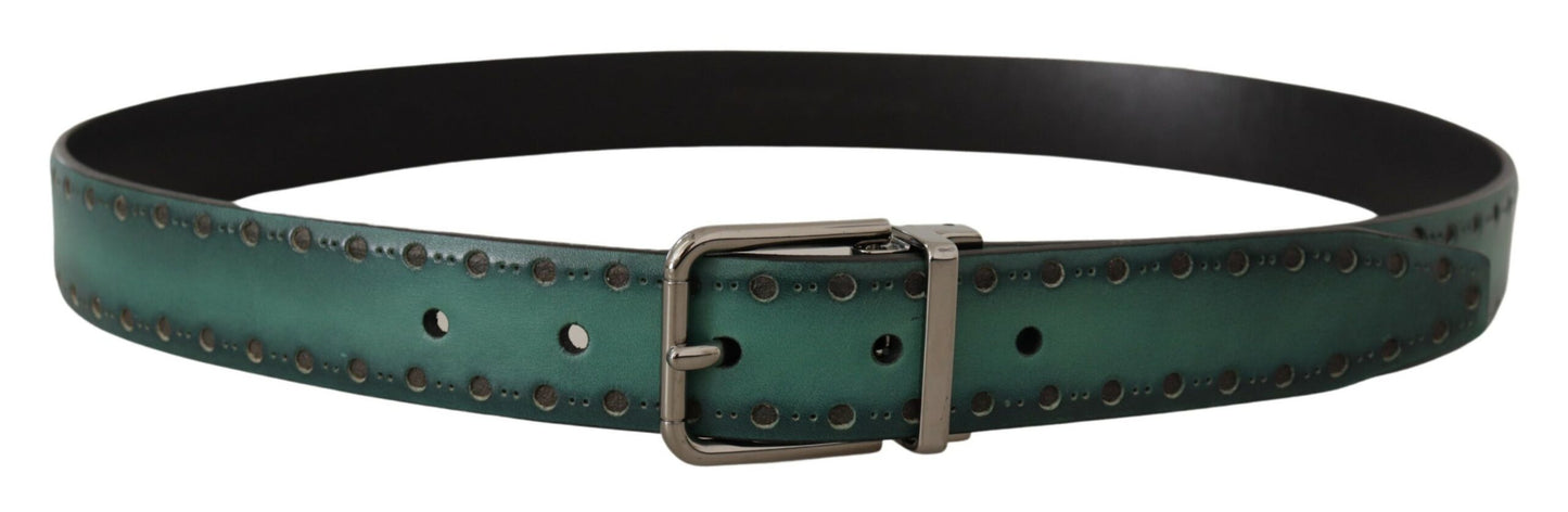 Green Giotto Leather Silver Metal Buckle Belt-Dolce & Gabbana-LabelTerrace.com