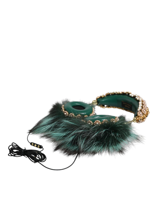 Green Gold Crystal Fur Headset Audio AUX Headphones-Dolce & Gabbana-LabelTerrace.com