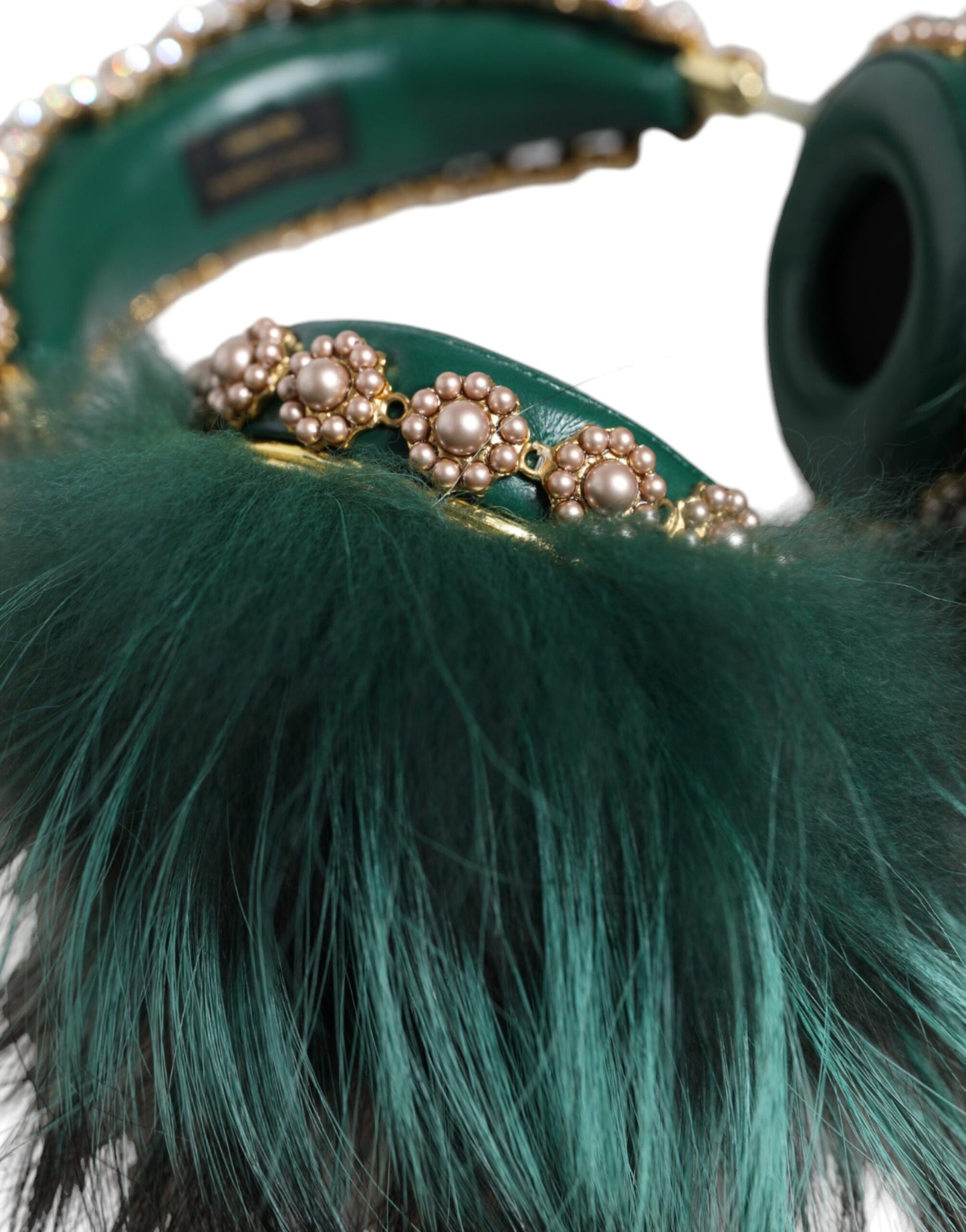 Green Gold Crystal Fur Headset Audio AUX Headphones-Dolce & Gabbana-LabelTerrace.com