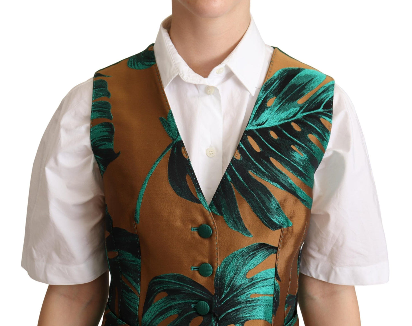 Green Jacquard Leaf Gold Waistcoat Vest-Dolce & Gabbana-LabelTerrace.com