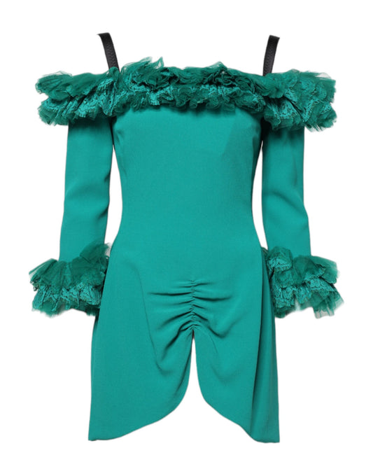 Green Lace Off Shoulder Sheath Mini Dress-Dolce & Gabbana-LabelTerrace.com