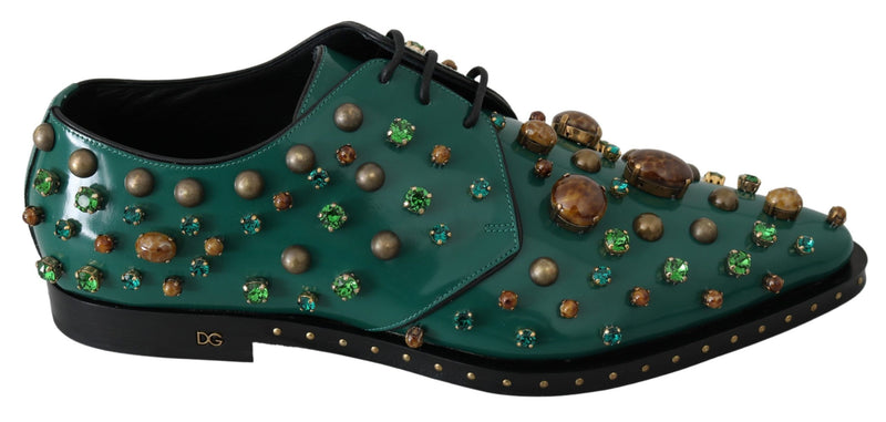 Green Leather Crystal Dress Broque Shoes-Dolce & Gabbana-LabelTerrace.com