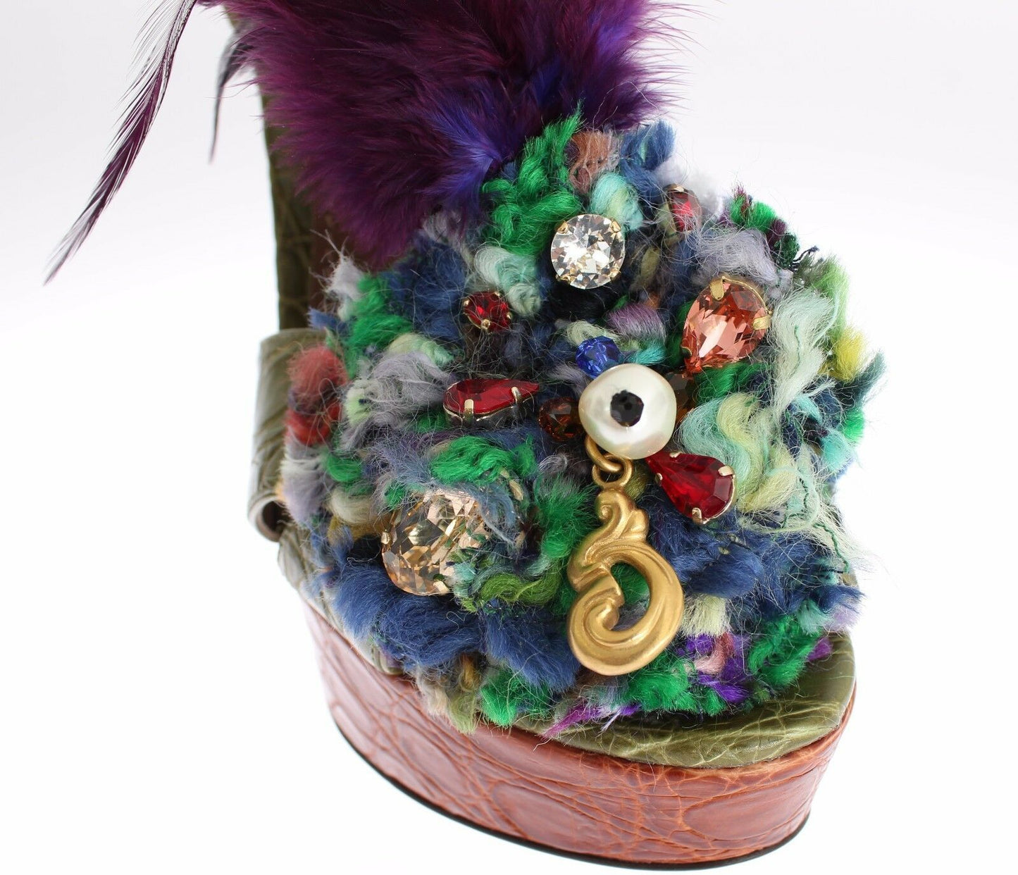 Green Leather Crystal Platform Sandal Shoes-Dolce & Gabbana-LabelTerrace.com