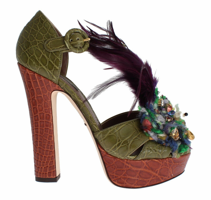 Green Leather Crystal Platform Sandal Shoes-Dolce & Gabbana-LabelTerrace.com