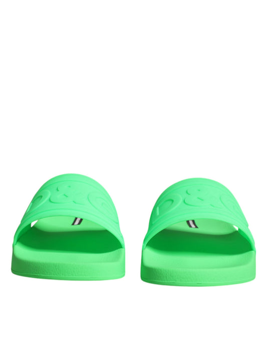 Green Leather Slides Sandals Beachwear Shoes-Dolce & Gabbana-LabelTerrace.com