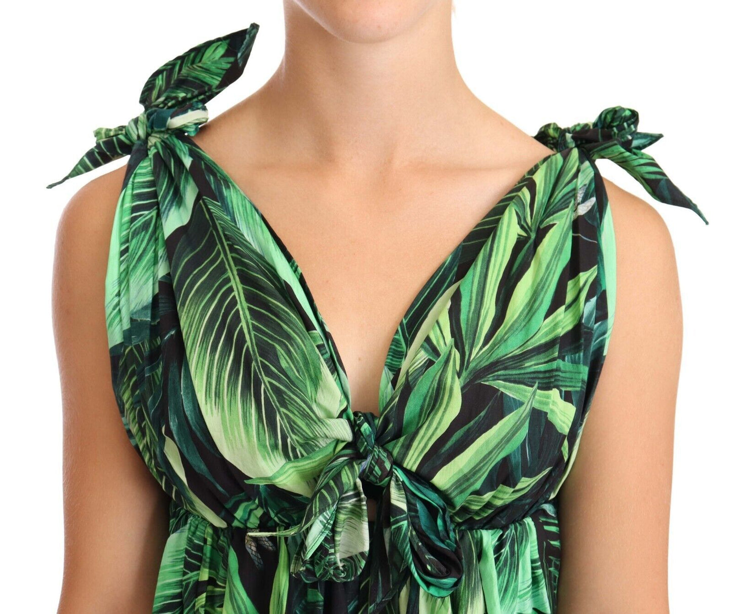 Green Leaves Print Cotton Flared Mini Dress-Dolce & Gabbana-LabelTerrace.com