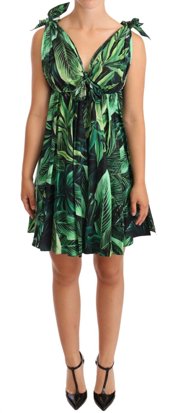 Green Leaves Print Cotton Flared Mini Dress-Dolce & Gabbana-LabelTerrace.com