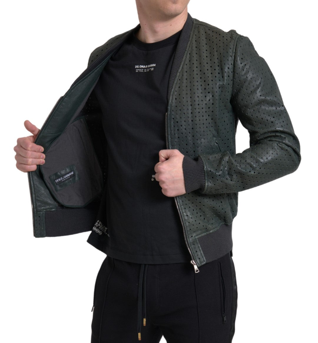 Green Perforated Leather Bomber Jacket-Dolce & Gabbana-LabelTerrace.com