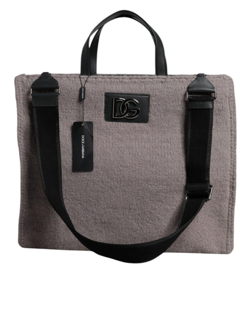 Grey Alpaca Wool Logo Plaque Tote Shoulder Bag-Dolce & Gabbana-LabelTerrace.com