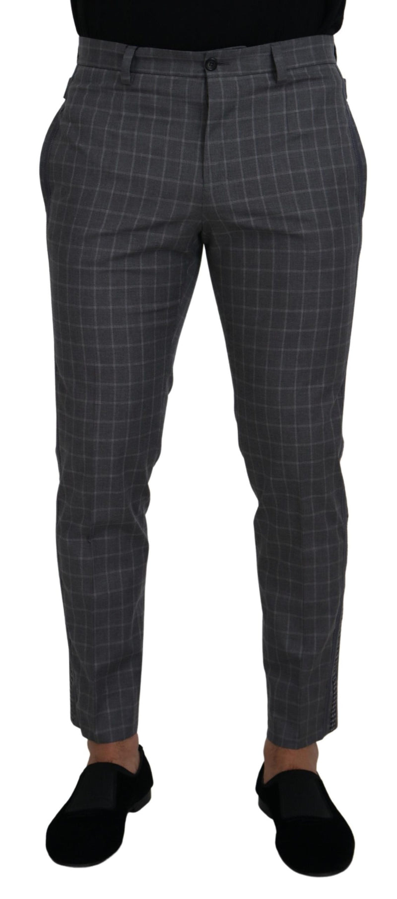 Grey Cotton Checkered Chino Pants-Dolce & Gabbana-LabelTerrace.com