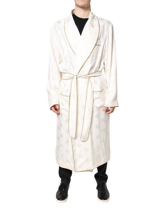 Ivory Silk Logo Men Wrap Robe Coat Jacket-Dolce & Gabbana-LabelTerrace.com