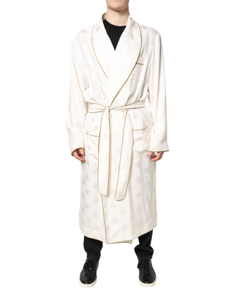 Ivory Silk Logo Men Wrap Robe Coat Jacket-Dolce & Gabbana-LabelTerrace.com