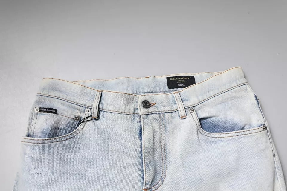 Light Blue Cotton Blend Tattered Skinny Denim Jeans-Dolce & Gabbana-LabelTerrace.com