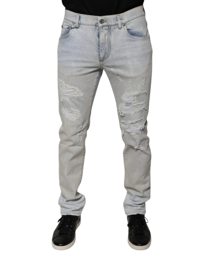 Light Blue Cotton Blend Tattered Skinny Denim Jeans-Dolce & Gabbana-LabelTerrace.com