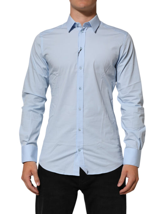 Light Blue Cotton GOLD Formal Men Dress Shirt-Dolce & Gabbana-LabelTerrace.com