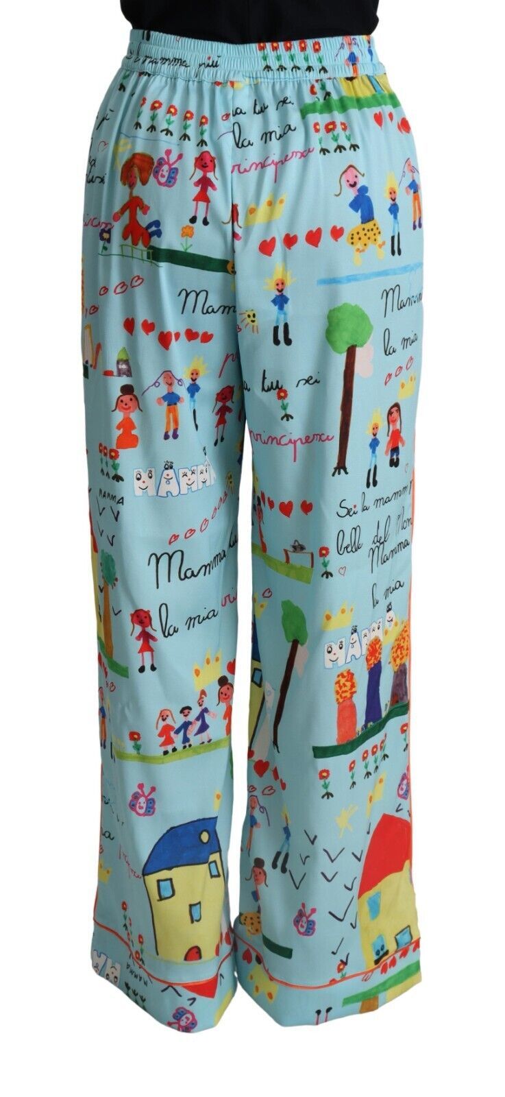 Light Blue Drawing Mid Waist Wide Leg Pants-Dolce & Gabbana-LabelTerrace.com