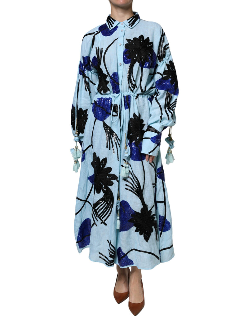Light Blue Floral Embellished Shirt Maxi Dress-Christian Pellizzari-LabelTerrace.com