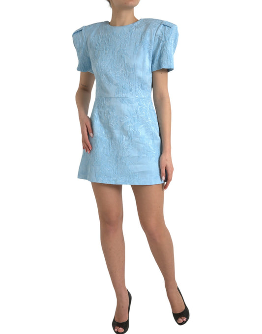 Light Blue Floral Jacquard Puff Sleeve Mini Dress-Dolce & Gabbana-LabelTerrace.com