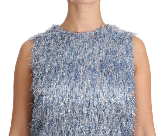 Light Blue Fringe Shift Gown Dress-Dolce & Gabbana-LabelTerrace.com