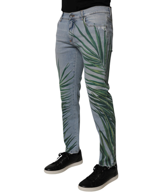Light Blue Leaf Cotton Classic Men Denim Jeans-Dolce & Gabbana-LabelTerrace.com