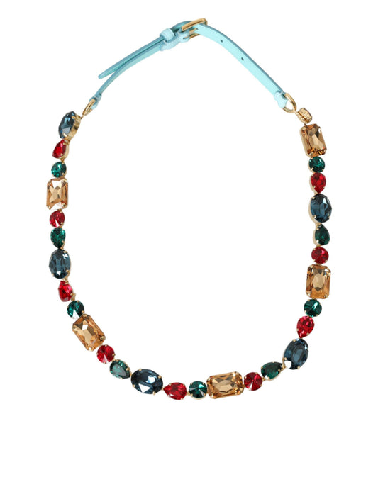 Light Blue Leather Crystal Chain Waist Belt-Dolce & Gabbana-LabelTerrace.com