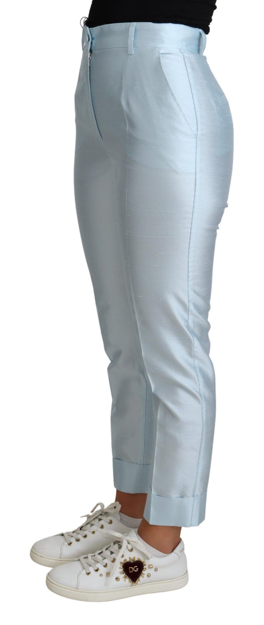 Light Blue Silk Cropped Tapered Trouser Pants-Dolce & Gabbana-LabelTerrace.com